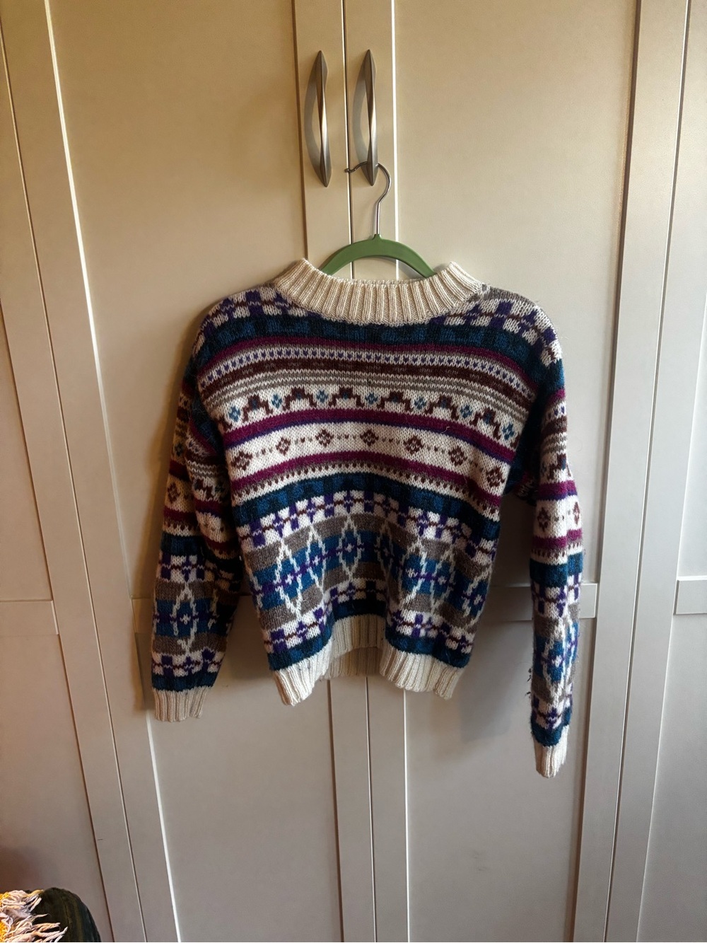 Vintage Woolrich Cream Fair Isle Crewneck Sweater with Blue and Purple Accents